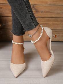 Faux Pearl Chain One-Piece Buckle Pointed Toe Shoes, Fashionable Sexy Versatile Women High Heel Pumps For Party And Banquet - Champagne - View 3