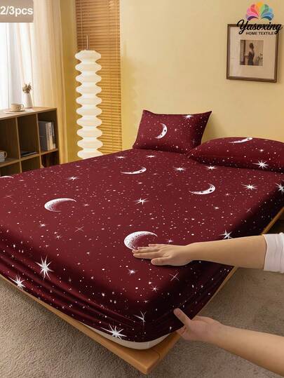 2/3Pcs Burgundy Star And Moon Pattern Fitted Sheet Set (1Pc Fitted Sheet+1/2Pcs Pillowcases), Mattress Protector, Ins-Style, Couple Style Valentine's Day Mattress Cover For Bed, Bed Sheet, Soft Breathable, For All Size Beds - Twin, Full, King, Queen Size Sheet Deep Pocket Up To 11.8 Inch Back School Dormitory Bedding