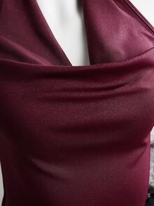 Burgundy Women's Draped Backless Camisole, Front Draped Design, Low-Cut Backless, Ruched Backless Sleeveless Cropped Style - Burgundy - View 5