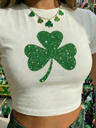 St. Patrick's Day Glitter Print Women's Fitted Short Sleeve Round Neck T-Shirt, Clover Pattern Print, Essential For Irish St. Patrick's Day