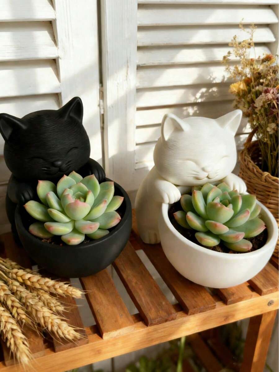 Cute Cat Hug Planter, Creative Design With Drainage Hole, Suitable For Indoor Succulent, Small Flower, Cactus Planting, Home Garden Balcony Outdoor Decor