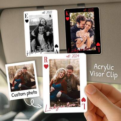 Personalized Couple Photo Acrylic Keychain And Car Sun Visor Clip - Men's Driving Gift, Customized Valentine's Day Boyfriend Gift With Playing Card Design, Anniversary Or Valentine's Day Gift