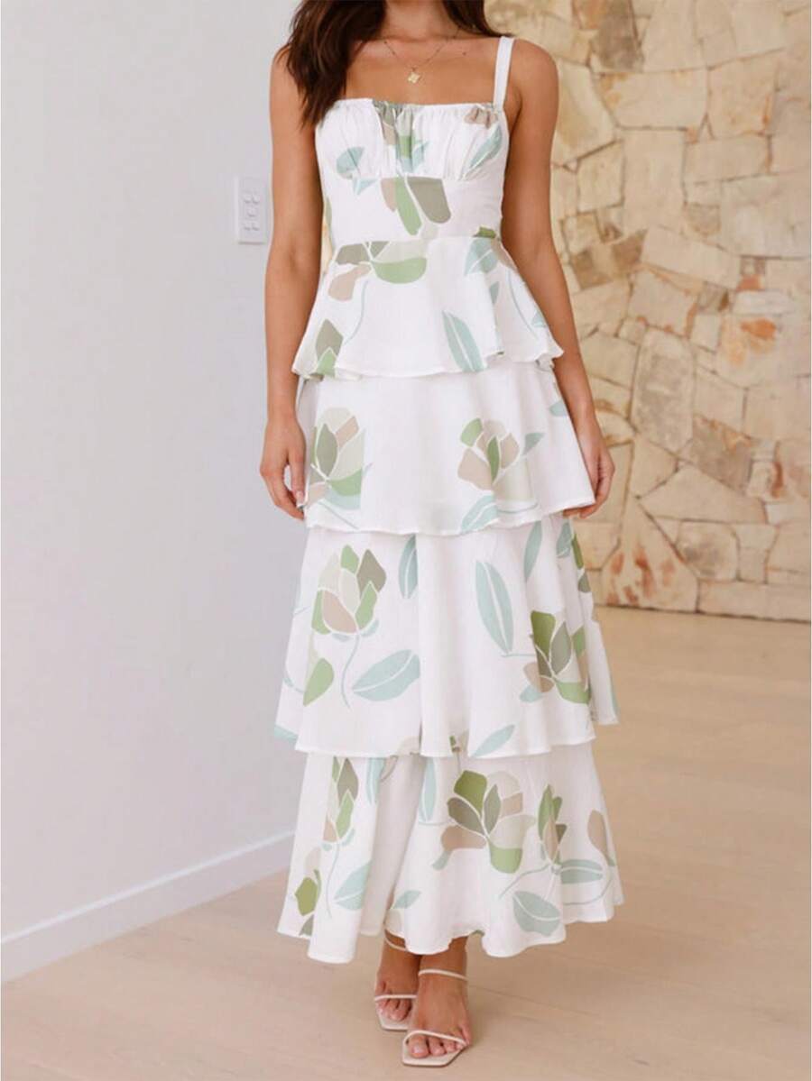 Women Long Dress Floral Print Sleeveless Cami Dress Summer Tie-Up Back Ruffles Dress - 綠色 - 查看 1