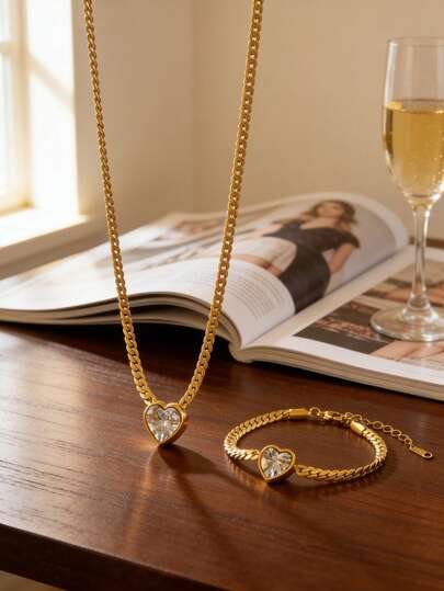 Elegant Stainless Steel Heart-Shaped Whip Chain Necklace And Bracelet Jewelry Set, Suitable For Women To Wear At Weddings Or Commuting, Also A Great Gift For Girlfriend