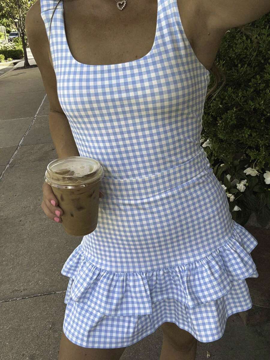 Summer Cute Plaid Print Vest Dress Pleated Flowy Hem A-Line Dress Y2K Sleeveless Babydoll Dress Cutecore U Neck Slim Fit Short Dress Going Out Dress Party Club Streetwear Daily Casual Clothes - 藍色 - 查看 1