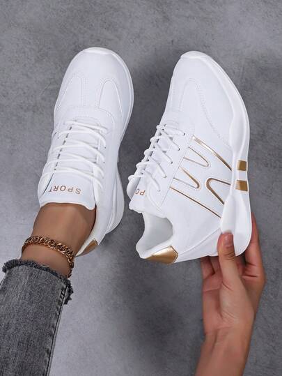 Zapatillas con plataforma para mujer - Zapatos con plataforma gruesa con plantilla acolchada y soporte de arco, con detalles blancos y dorados, cordones, calzado casual para todo el año y formal, zapatillas para mujer, calzado cómodo, diseño elegante, suela duradera con tracción, calzado con estilo, forro de tela transpirable, tacones cómodos, para uso en la oficina