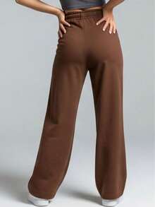 Women's Wide-Leg Sweatpants, High Waist, Faux Drawstring, Wide Waistband, Flare Leg, Comfortable Summer Style - 鏽棕色 - 查看 2