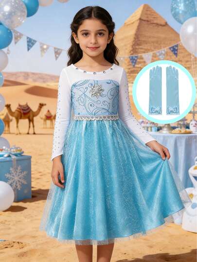 Young Girl Sequin Embellished Long Sleeve Tulle Puff Dress, New Casual Dress With Gloves, Suitable For Outings, Parties And Other Events