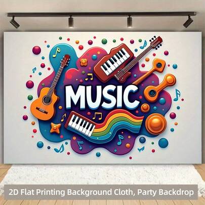 2D Flat 1pc Background Cloth, A Vibrant Polyester Backdrop Featuring A Music-Themed Dazzling Design And Instruments, Suitable For Birthday Parties, Photography Studios, And Celebratory Events. Fabric Background, Hanging Fabric, No Power Required.