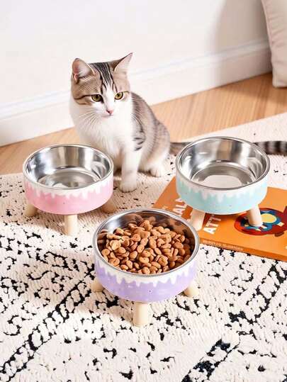 1pc Ice Cream Printed Pet Raised Bowl With Neck Support,Stainless Steel Anti-Skid Anti-Spill High Capacity Pet Food & Water Bowl For Dogs & Cats