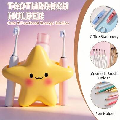 4-In-1 Cute Star-Shaped Plastic Toothbrush & Toothpaste Holder: Adorable Expression Design, Durable Construction, Independent Space-Saving Storage, Suitable For Electric/Manual Toothbrushes. No Installation/Power Needed, Applicable For Sink/Shower Countertop, Ideal For Home & Travel. Practical Bathroom Storage Organizer, Toothbrush Holder, Great Gift For New Year, Valentine's Day