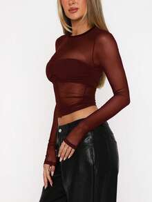 Vuslat Women's Versatile Sexy Tight Shirt Y2K Bombshell Deep Red Leopard Print Sheer Mesh Long Sleeve Crew Neck Top, Casual Sheer Blouse, Suitable For Valentine's Day, New Year - Burgundy - View 9