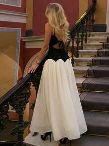 2026春夏新款时尚性感优雅日常旅行度假茶会黑白撞色吊带V领连衣裙，女士夏季连衣裙，女士邮轮套装，女士沙滩套装，女士度假套装，春季连衣裙，街头服饰，女士休闲连衣裙，Y2K女装，晚宴礼服，夏季连衣裙 - 黑與白 - 查看 6