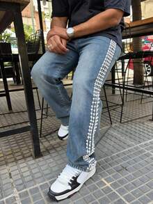 Men's Straight Leg Jeans, Gothic Style Casual Studded, Suitable For Daily Wear All Year Round - Blue - View 2