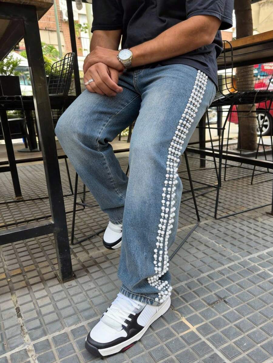 男士直筒牛仔裤，哥特风格休闲铆钉，适合全年日常穿着 - 藍色 - 查看 1