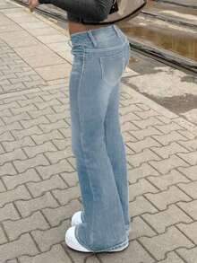 Fashionable & Elegant Minimalist Women's Double-Breasted Slim Fit Flare Leg Jeans, Slimming - 中等水洗 - 查看 3