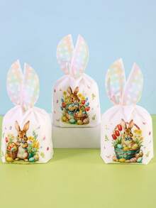 50个/包 春季复活节塑料礼品袋，兔耳朵设计，兔子和花卉图案礼品包装袋，彩色格子派对礼品袋，复活节家居装饰，节日春夏假日礼物包装用品，珠宝收纳袋 - 彩色 - 查看 8