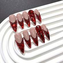 10 Pieces Of High-End Red Series Fully Handmade French Coffin Nail Pads, Luxurious And Dazzling Red Nail Art Decorative Patches, Party Nail Art, Holiday Nail Art, Elegant Nail Art Design, Charm Nail Art, Advanced Nail Patch, High-End Nail Art, Artificial Nails, Fake Nails, Holiday Nail Art, Fashion - XS - 查看 2