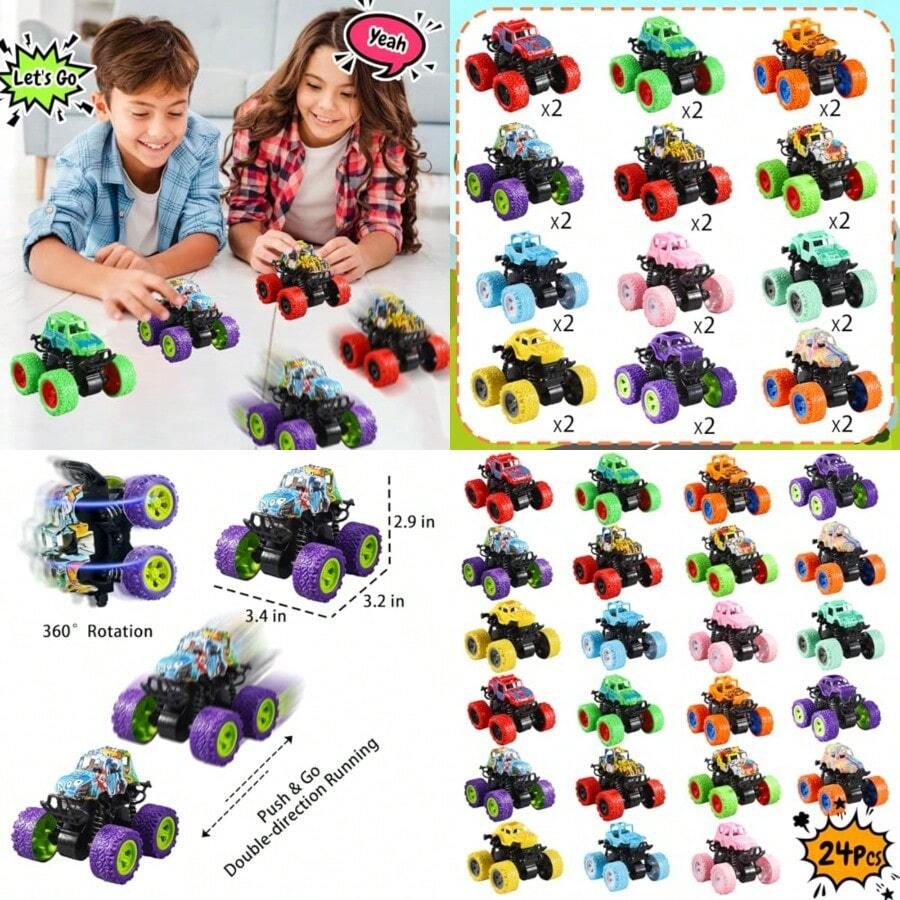 24Pcs Monster Truck Toys Mini Monster Jam Trucks For Boys Girls Friction Push Go Toy Cars Party Favors Birthday Valentines Day Gifts Classroom Prizes Christmas Goodies Stuffers Valentine's Day, Thanksgiving, Mother's Day, Father's Day - 24件混色 - 查看 1