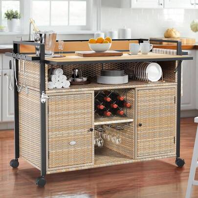 YITAHOME XL Outdoor Kitchen Wicker Island Rolling Cart Bar Table &Amp; Storage Cabinet, Wheels And Plastic Wood Extended Table Top, Double Handle For Patio Kitchen Or Bar Cart,Light Yellow Gradient