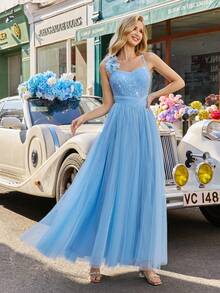 Đầm dạ hội voan kiểu cổ tích, đầm ren dự tiệc cưới, đầm phù dâu đính sequin, chân váy viền hoa hồng, đầm dạ hội maxi không tay xẻ tà màu trơn, thích hợp cho tiệc cưới ngoài trời, tiệc cocktail, sinh nhật, mùa xuân. - Màu xanh nhạt - Xem 5