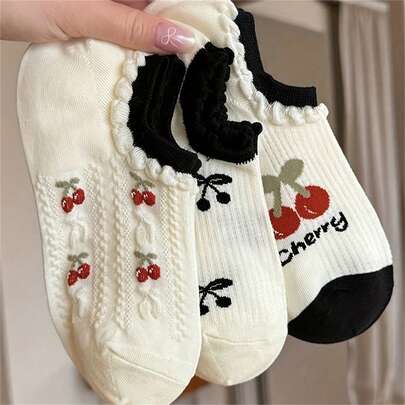 6 Pairs Of Women's Thin Breathable Invisible Socks In White, Cherry Red, Mesh, And Lace Design, Cute And Stylish For Spring/Summer, Ideal For Daily Wear, Parties, Dates, And Holiday Gifts