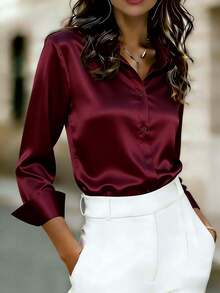 Women's Satin Blouse, Business Casual Button-Up Shirt With Collar Design, Elegant And Suitable For Office And Casual Occasions, Suitable For Autumn, Winter, Spring And Summer - Burgundy - View 1