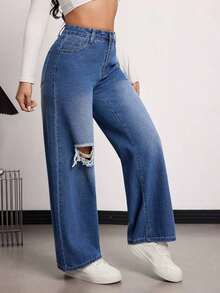 High Quality Casual Distressed Pocket Design Wide Leg Jeans - 藍色 - 查看 10