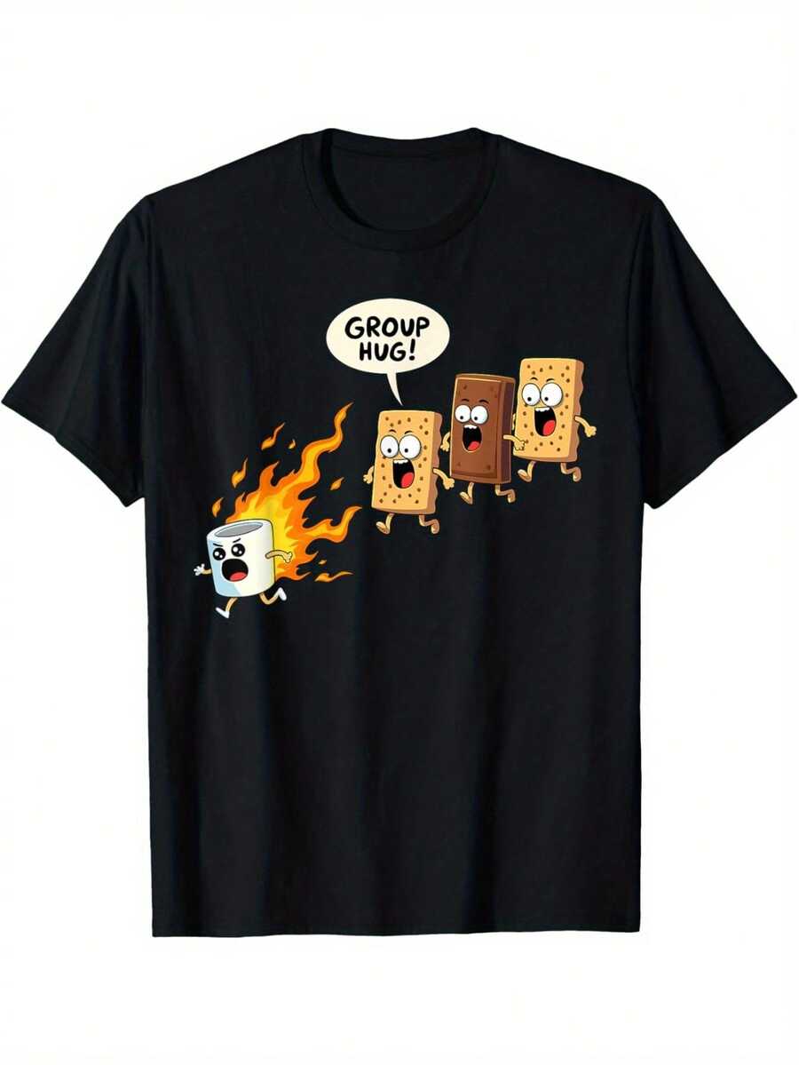 Funny Marshmallow Hug Camping T-Shirt, 180g, Camping Clothes, Casual Wear, Funny Design, Humorous Pattern, Breathable Fabric, Durable T-Shirt, Novelty Top, Printed Style, Gift For Friends, Suitable For Campers And Hiking Enthusiasts - 黑色 - 查看 1