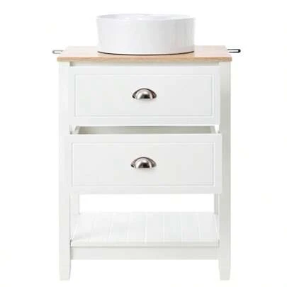 Bathroom Vanity Unit With Round Ceramic Basin – Single Basin With 2 Drawers And Open Storage Compartment – Freestanding Vanity Unit In White And Wood-Effect Finish