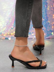 Giày sandal nữ kiểu Pháp mới năm 2025, gót nhọn nhỏ, thiết kế quai mảnh, mũi vuông, kiểu dáng thanh lịch, sandal cao gót thoải mái, phụ kiện cần thiết cho mùa hè. - màu đen - Xem 5