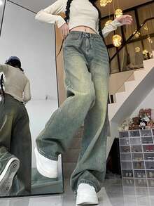 Casual Washed High Waist Wide Leg Jeans - Medium Wash - View 4