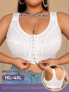 MEIYATING Plus Size Women Front Closure Floral Lace Adjustable Strap Minimizer Wireless Bra - White - View 4