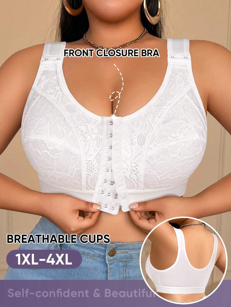 MEIYATING 大码女士前扣式蕾丝花卉可调节肩带显瘦无钢圈文胸