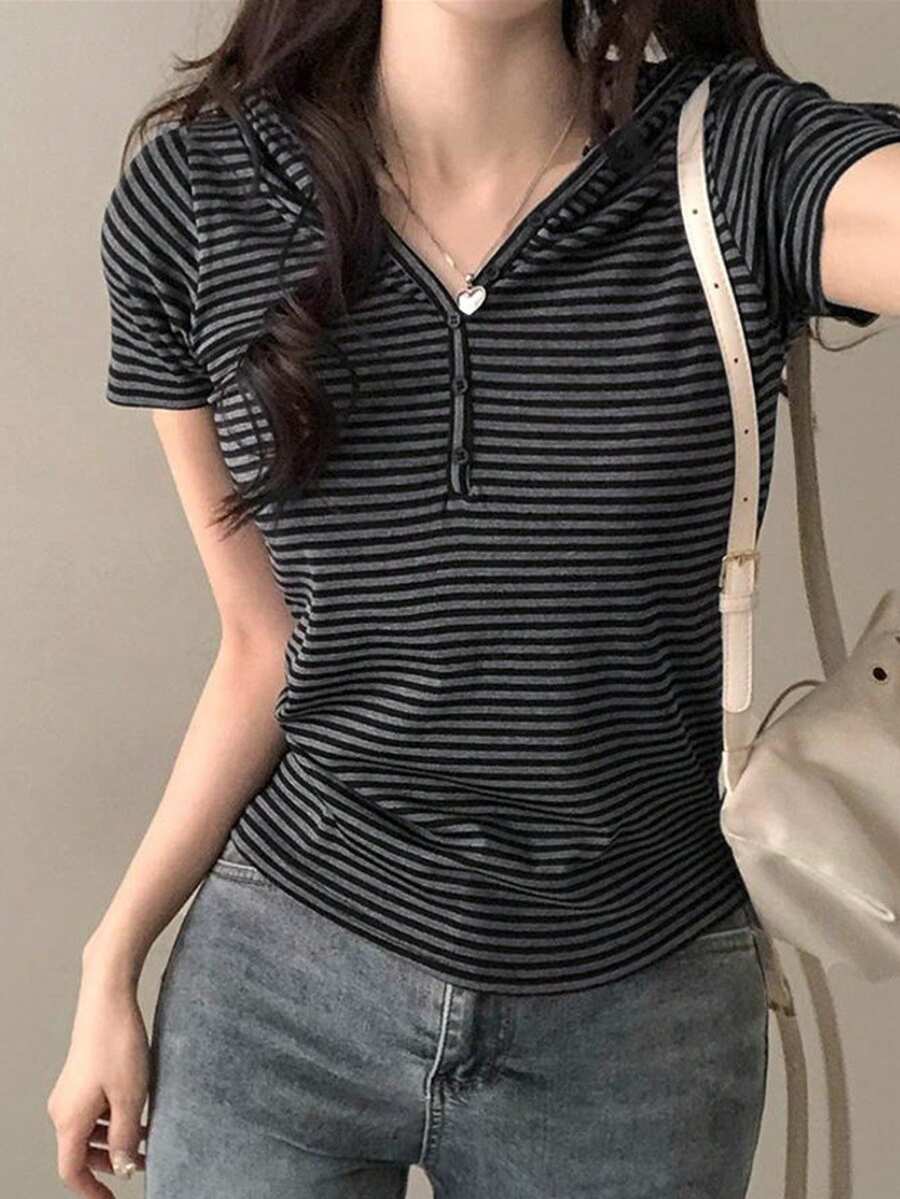 条纹连帽纽扣短袖T恤，百搭休闲宽松上衣 - 灰色 - 查看 1