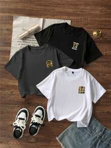 3件套 青少年男童休闲印花圆领短袖T恤，夏季上衣 - 彩色 - 查看 3