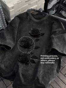 Pure Cotton Washed Loose-Fit T-Shirt,Dark Style Vintage Washed Rose Printed Pure Cotton Oversized Short Sleeve T - Shirt,Halloween,Día De Los Muertos,Home Leisure,,Weekend Outing,Sensitive Skin Group - Màu Khaki - Xem 3