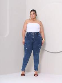 Casa De Jeans - Women's Plus Size Skinny Jeans With High Waist And Lycra Elastane - Giặt vừa - Xem 5