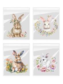 100个复活节兔子和花朵图案礼品袋，可爱兔子和春花图案透明自粘包装袋，4种不同图案混合装 - 非常适合复活节和主题派对礼品包装等。 - 彩色 - 查看 2
