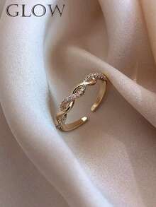 1枚时尚奢华铜合金交叉编织水钻开口戒指，适合年轻女孩日常及节日佩戴 - 金色 - 查看 3