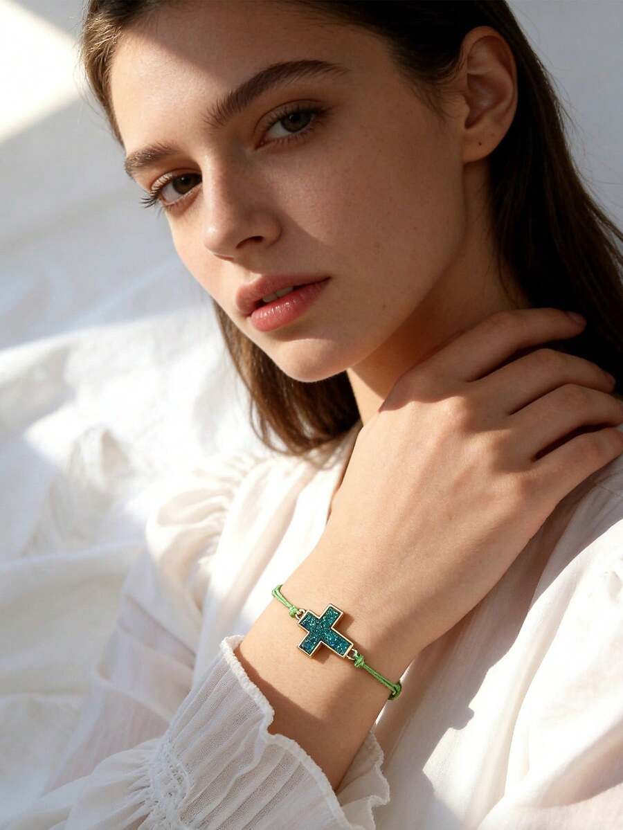 2pcs/Set Trending Crystal Cluster Resin Cross Wax Rope Bracelet, Suitable For Men, Women, Mother-Daughter, Sisters, Couples - Bracelet - View 1