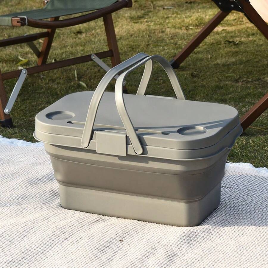 Outdoor Picnic Basket With Lid And Table Board, Multifunctional Portable Basket For Camping And Outdoor Cooking, Plastic Storage Crate, Foldable - Grey - View 1