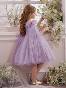 紫色蝴蝶结薄纱圣诞派对优雅浅紫色公主裙，适合女孩生日派对、宴会、正式场合、婚礼花童礼服、感恩节、毕业典礼等场合。 - 紫色 - 查看 6