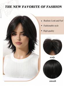 Tóc giả ngắn nhiều lớp màu đen kiểu bob 12 inch, chất liệu tổng hợp tự nhiên, có mái - Tóc giả thời trang chịu nhiệt, trông tự nhiên dành cho phụ nữ, phù hợp để đội hàng ngày và dự tiệc. - màu đen - Xem 7