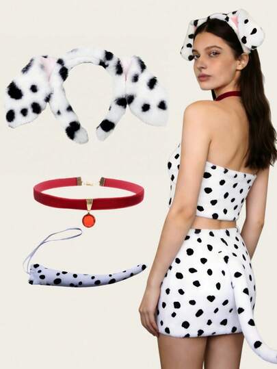 3pcs Dalmatian Dog Headpiece Set, Includes Headband, Necklace, And Tail Decoration, Suitable For Men/Women Holiday Party, Cosplay, Masquerade