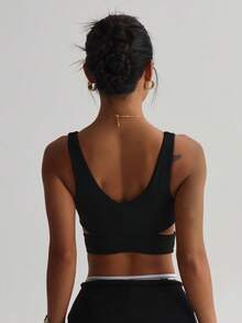 Women's Solid Color Detachable Padded Criss-Cross Sports Bra Black Autumn - Black - View 2