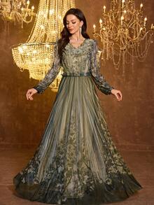 Vestido de noche elegante de manga larga con cuello en V y ajuste ceñido con malla para mujer [Estampado aleatorio] UNITHORSE - Verde Oscuro - Ver 1