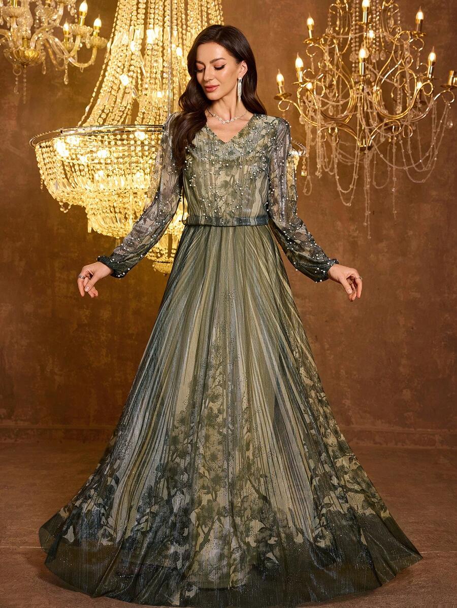 Vestido de noche elegante de manga larga con cuello en V y ajuste ceñido con malla para mujer [Estampado aleatorio] UNITHORSE - Verde Oscuro - Ver 1