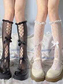 2双日式蕾丝芭蕾舞褶边袜，白色和黑色镂空中筒袜，带蝴蝶结，洛丽塔风格长袜 - 彩色 - 查看 10