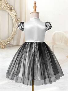 夏季新款女童蕾丝撞色网纱连衣裙，优雅时尚 - 白色 - 查看 2